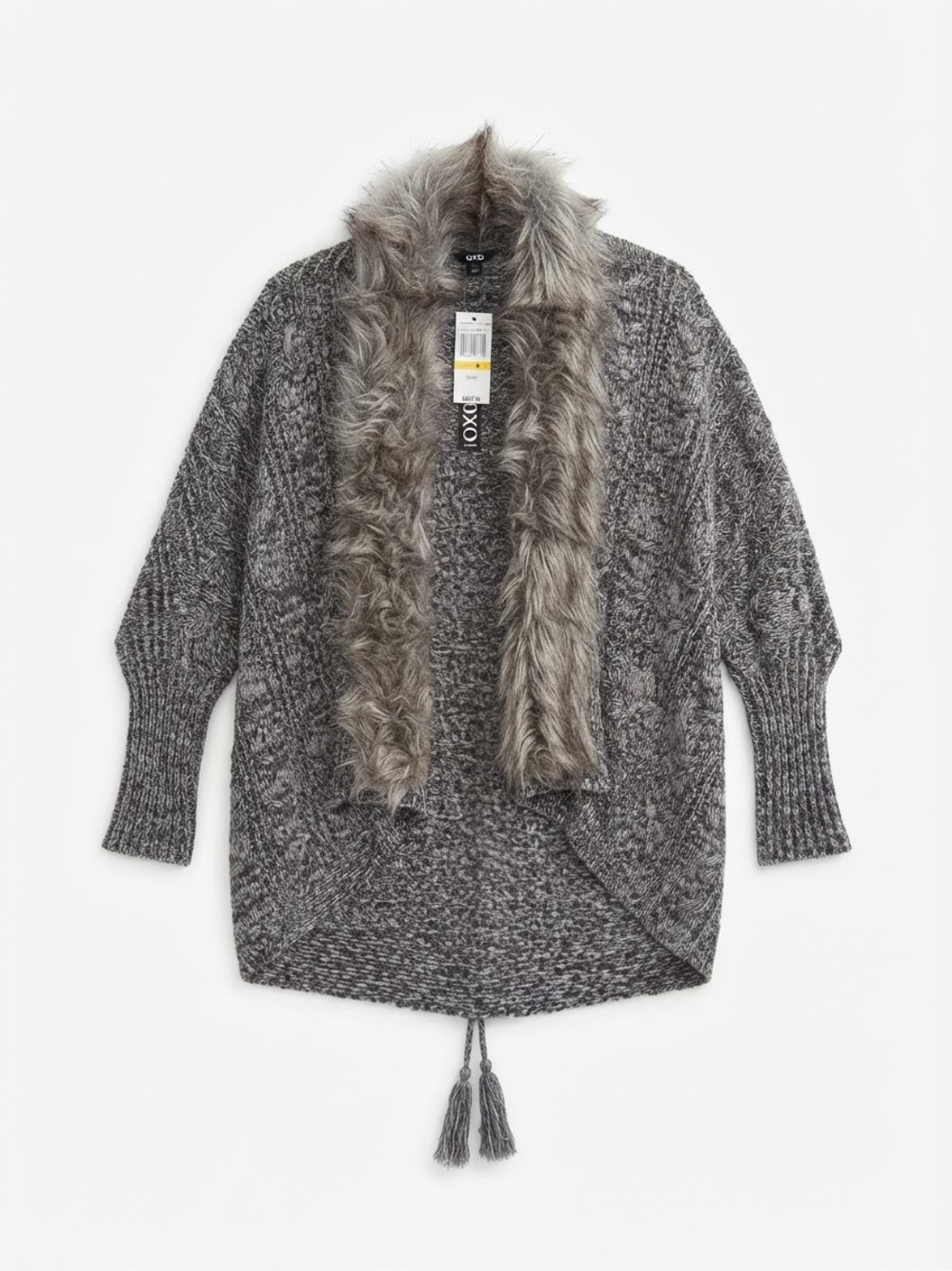 Y2K NWT XOXO Gray Cable Knit Open Front Cardigan with Plush Faux Fur Collar